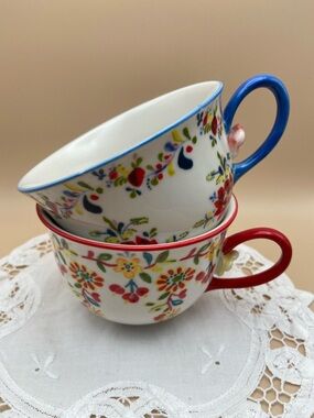 Anthropologie Cadiz Floral Tea Coffee Mugs with 3D Flower - Set of 2